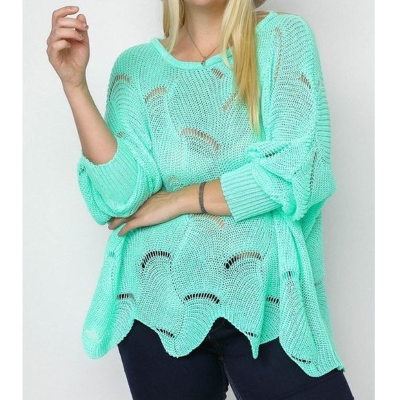 Plus Boho Mint Crochet Knit Kimono Tunic Sweater - Picture 2 of 5